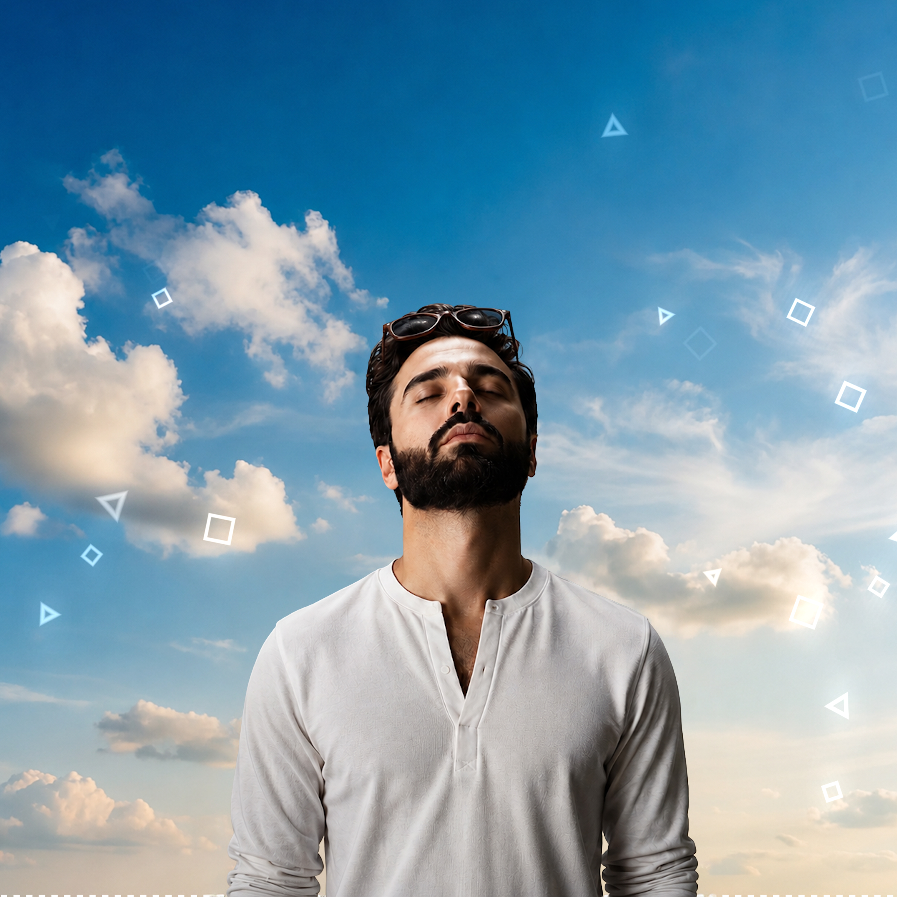 THE UNKNOWN artwork — color portrait against a blue sky with geometric marks.